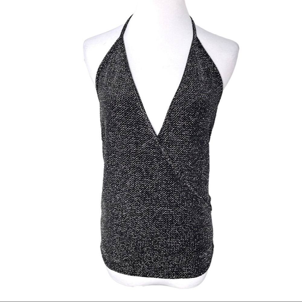 Sis Sis Black & Metallic Silver Wrap Style Plunging Neckline Low Back Halter Top